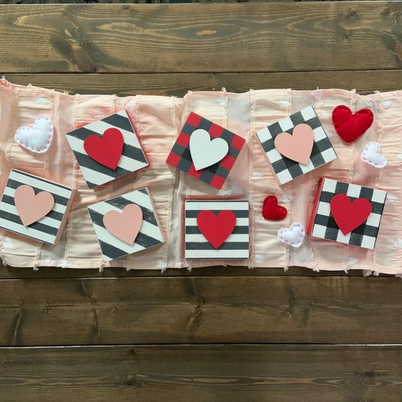 Valentine's Day Mini Wooden Block Heart Signs - Various Patterns - Buffalo Plaid and Hearts - Tie... | Etsy (US)