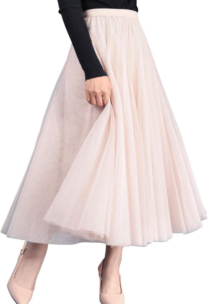 FEOYA Womens Long Tulle Skirt Pleated A Line Layered Tutu Skirt High Waist Elastic Mesh Flowy Max... | Amazon (US)