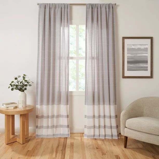 Gap Home Border Stripe Organic Cotton Semi Sheer Rod Pocket Window Curtain Pair Gray 63 | Walmart (US)
