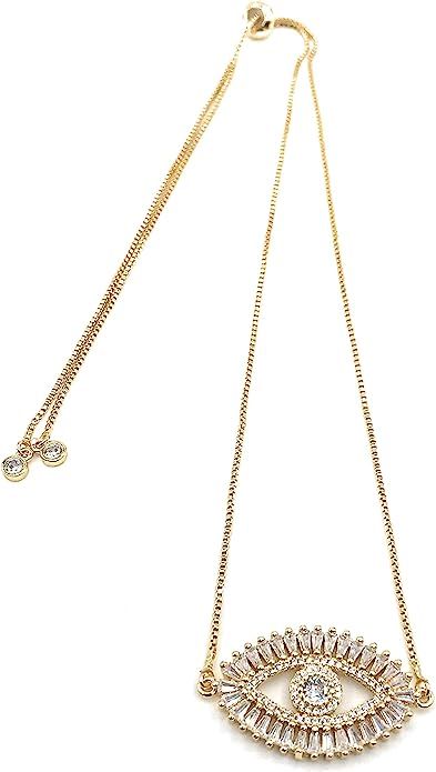 LESLIE BOULES Gold Evil Eye Necklace 18K Gold Plated Sliding Adjustable Chain Choker Jewelry | Amazon (US)