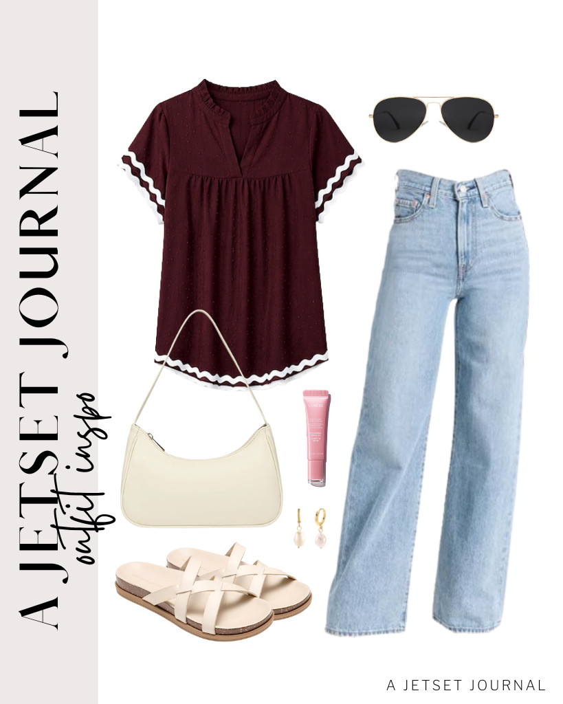 Another outfit idea is to combine a mulberry ruffle-sleeve blouse with light-wash Levi's wide-leg jeans. For your footwear, these Project Cloud slides are the perfect choice for this look. Carry this shoulder bag and wear your stylish SOJOS aviator sunnies to complete the fit.

#LTKSeasonal #LTKSaleAlert #LTKTravel
 

 