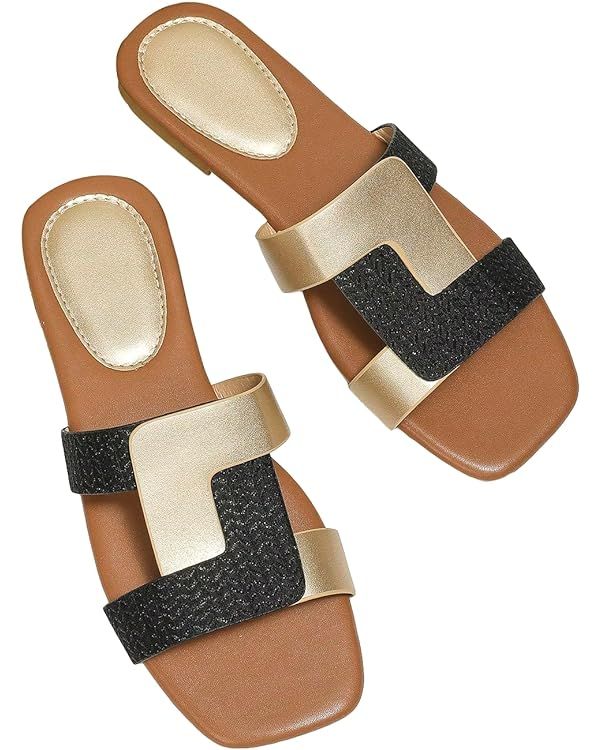 GORGLITTER H Sandals Cut Out Flat Sandals Women Dressy Flat Cross Strap PU Leather Flat | Amazon (US)