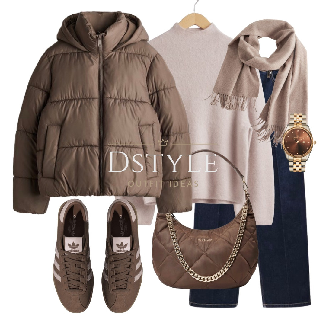 Dark beige hooded puffer jacket, beige sweater, dark blue wide leg jeans, brown quilted shoulder bag, beige wool scarf, brown/sandy pink Adidas sneakers/trainers

 

#LTKShoeCrush #LTKSeasonal #LTKItBag