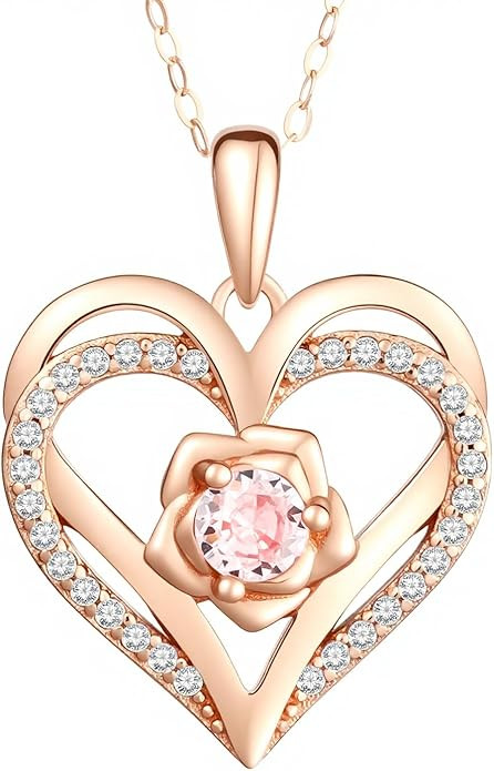 Birthstone Pendant Necklace for Women, Heart Jewelry with Rose Flower Birthday Gift Idea for Wife... | Amazon (US)