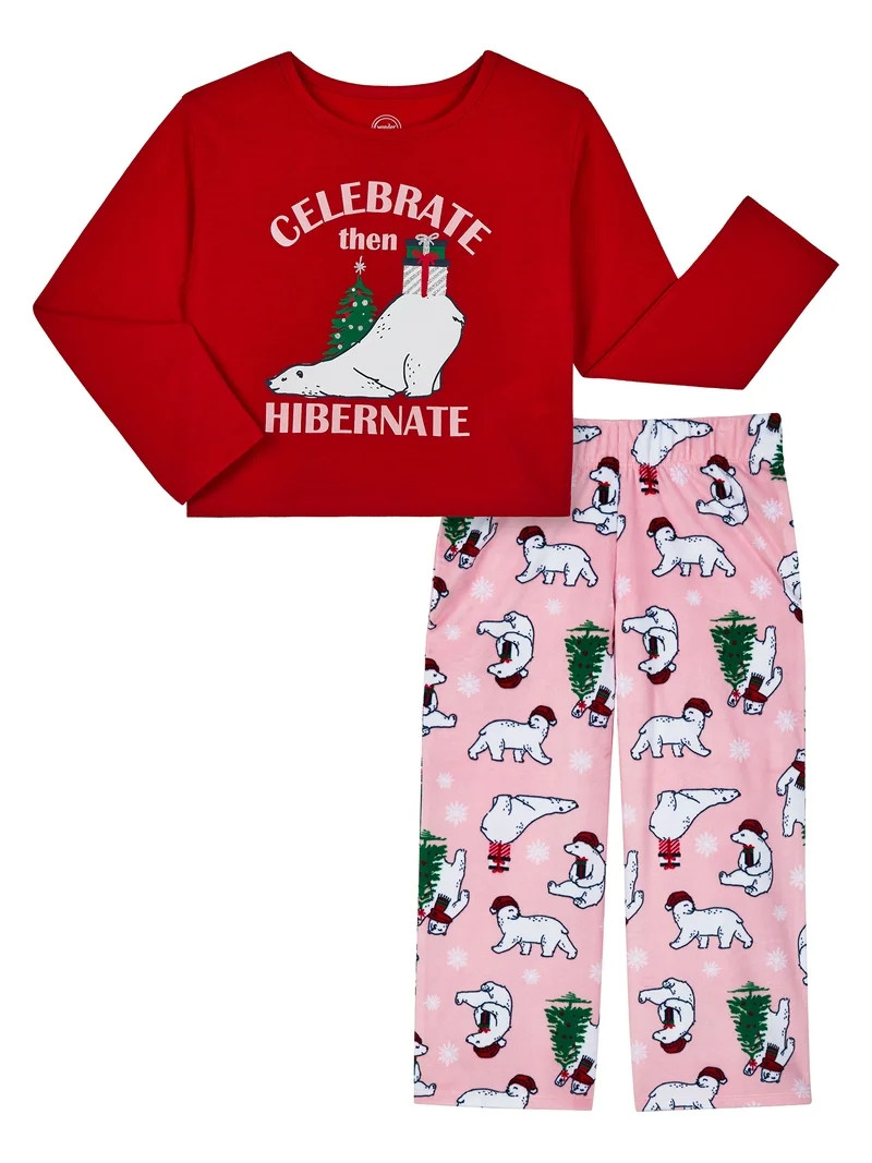 Wonder Nation Girls Long Sleeve Top and Wide Leg Pant Pajama Set, 2-Piece, Sizes 4-18 & Plus | Walmart (US)