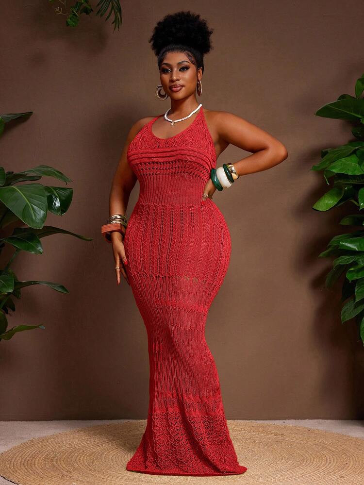 Veslaya Plus Size Women Hollow Out Fitted Dress With Halter Neck And Fishtail Hem, Vacation Style Crochet Maxi Dress Red Knit Maxi Dress Plus Size Knit Maxi Dress Plus Size Crochet Dress Curve Red Maxi Dress | SHEIN