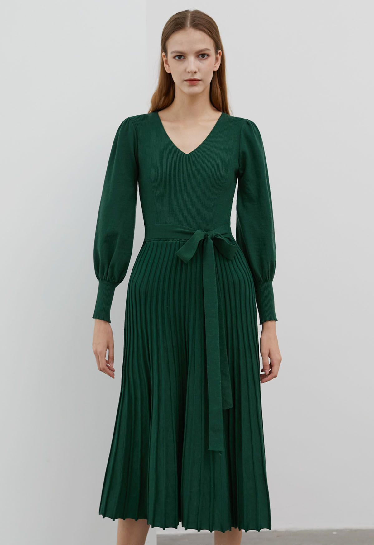 Captivating V-Neck Tie Waist Pleated Knit Dress in Dark Green | Chicwish