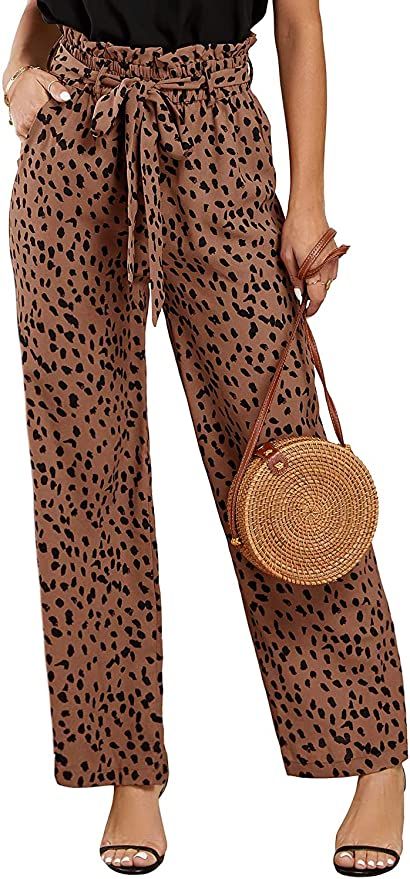 SySea Womens High Waisted Leopard Print Palazzo Pants Belted Wide Leg Long Trousers with Pockets | Amazon (US)
