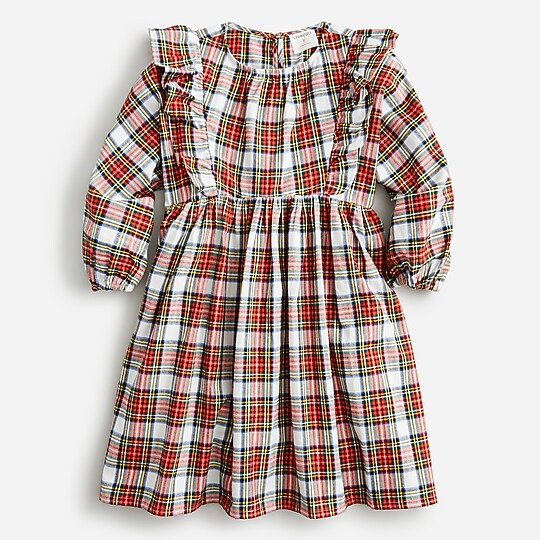 Girls' long-sleeve ruffle-shoulder dress in Snowy Stewart tartan | J. Crew US