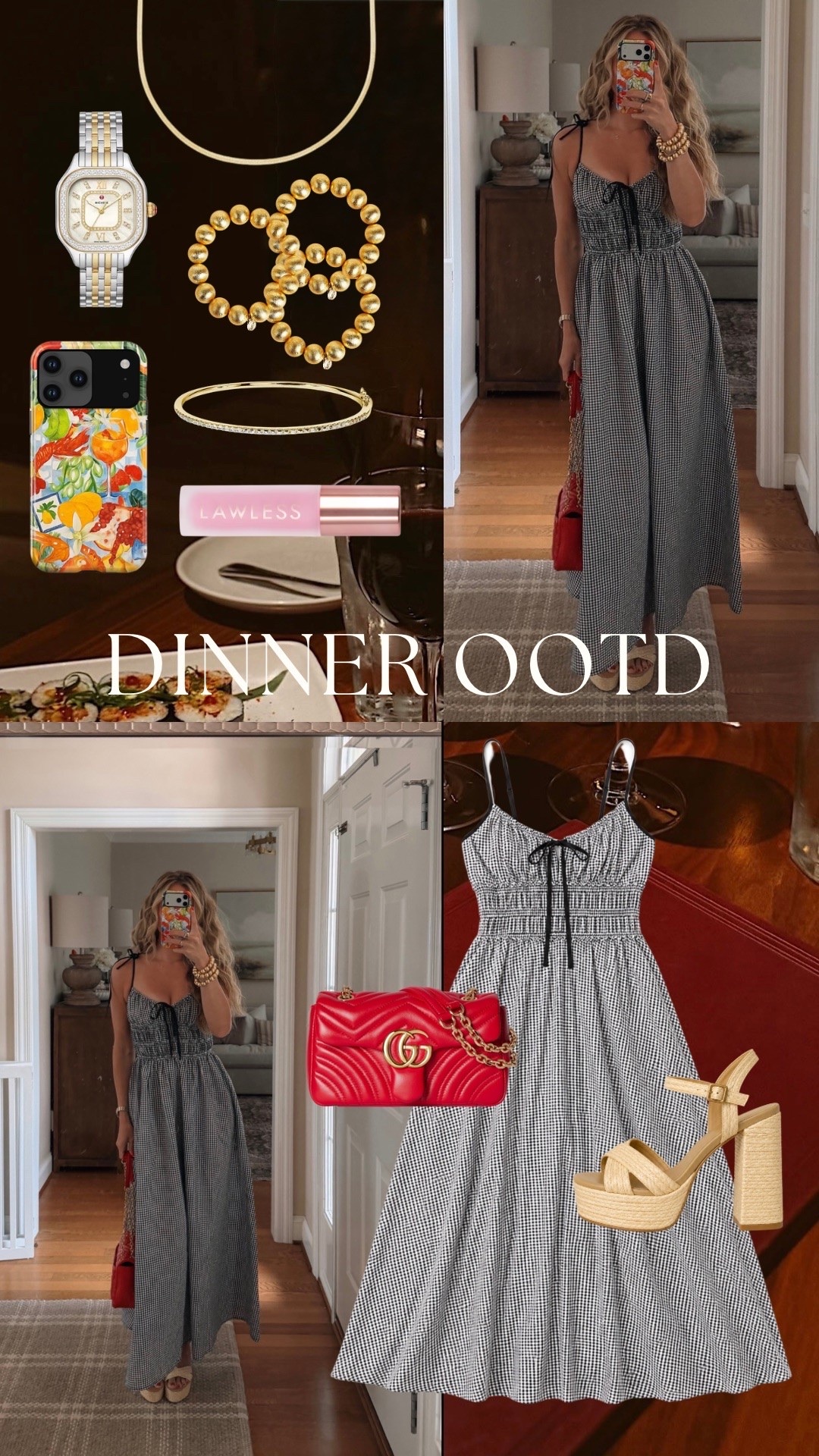 current favorite dinner dress🍷  wearing size xs!

gingham dress, maxi dress, dinner outfit, summer outfit, vacation outfit, date night outfit, red handbag, platform sandals, gold jewelry, feminine style, classic outfit, resort wear, black and white dress, vacation dinner look, chic summer style.

#LTKgrwm #LTKdayinmylife #LTKootd