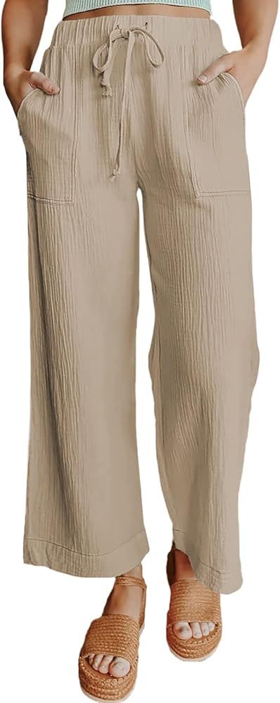 Sidefeel Women Drawstring Elastic Waist Palazzo Wide Leg Pants with Pockets | Amazon (US)