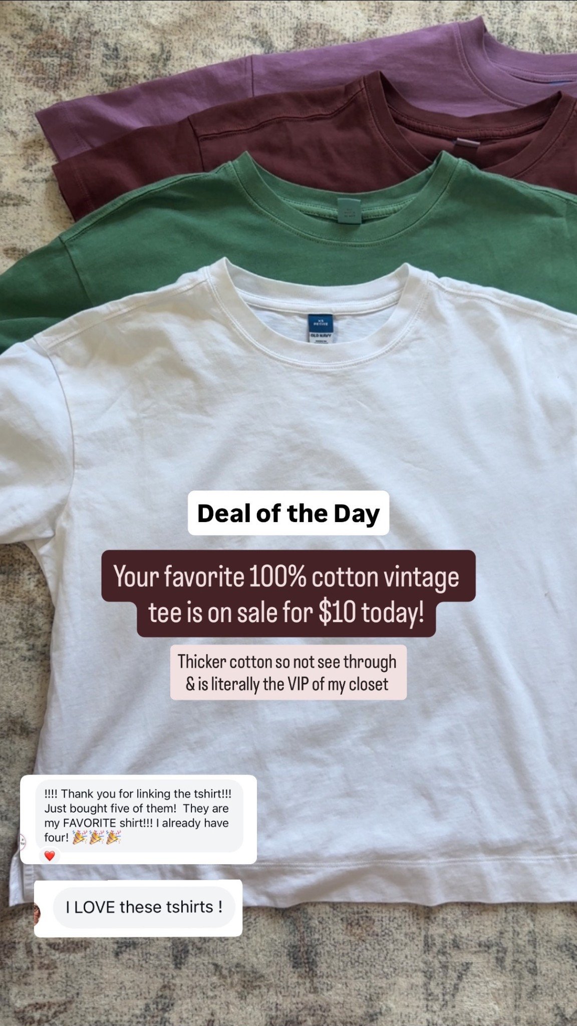 Deal of the day! Old navy vintage tee 50% off! $10 tee 100% cotton, wearing xs petite 
Thicker material so not see through


#LTKSeasonal #LTKPetite #LTKSaleAlert