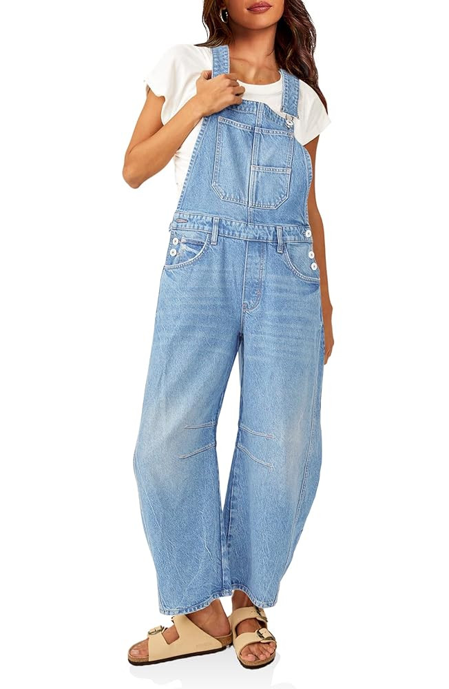 PLNOTME Womens Denim Bib Overalls Barrel Leg Adjustable Strap Jean Pants Jumpsuits with Pockets | Amazon (US)