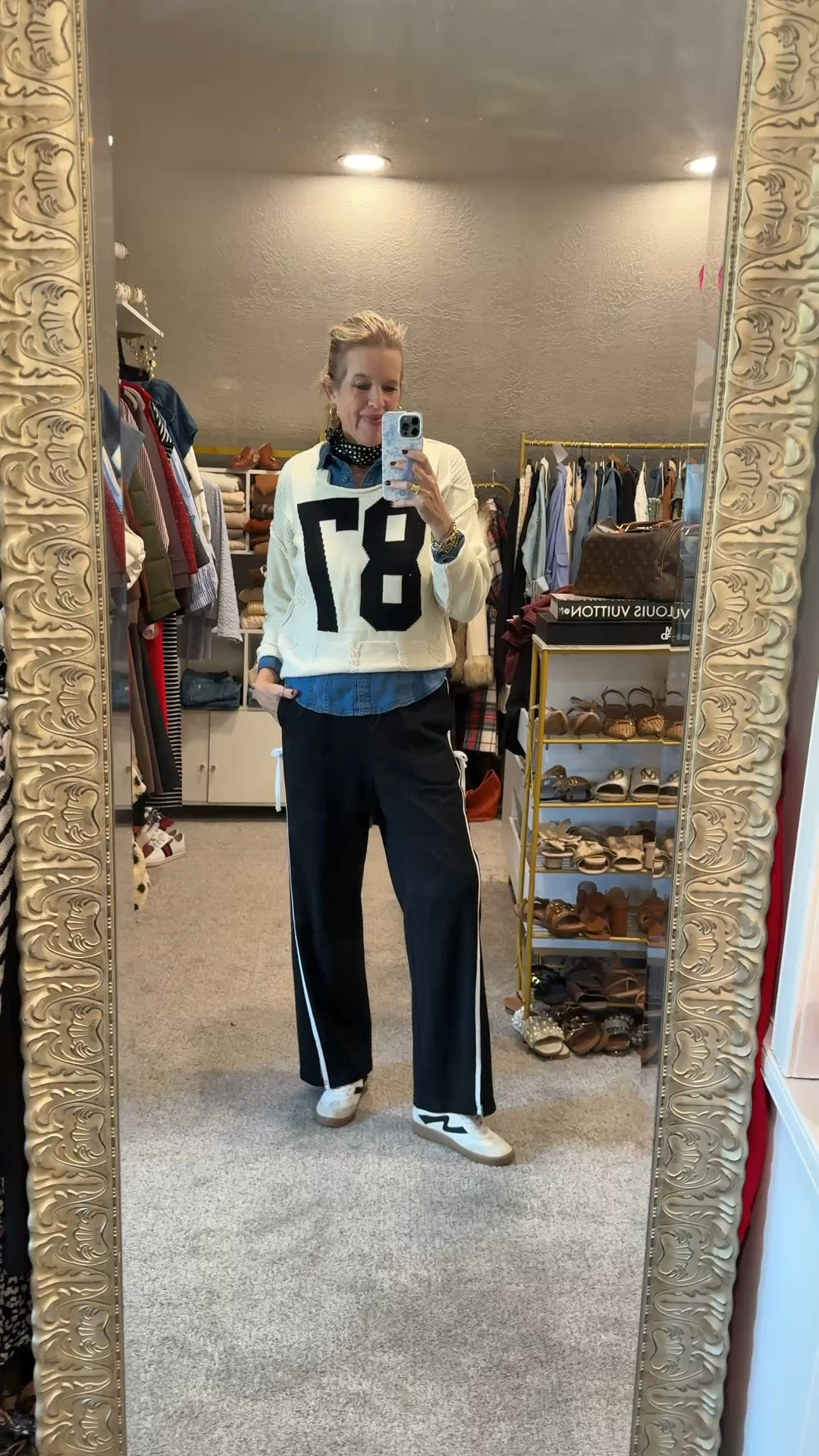 Sports event outfit inspo 

How cute is this outfit perfect for spirit days if your a teacher, cute for game days and if your a grandmother
Watch grandkids games.

Perfect Saturday style too, just a little elevated 

Affordable Amazon finds 

87 sweater tts
Inspired by free people.. almost identical… I found you this Amazon finds 

Denim shirt tts 

The cutest 
Track/sport Banús with bows on the sides. Light weight soft pant tts 

Yellow box low profile sneaker 
So comfy tts

Polka dot scarf 

Hoop earrings

#LTKmomlife #LTKOver40 #LTKootd