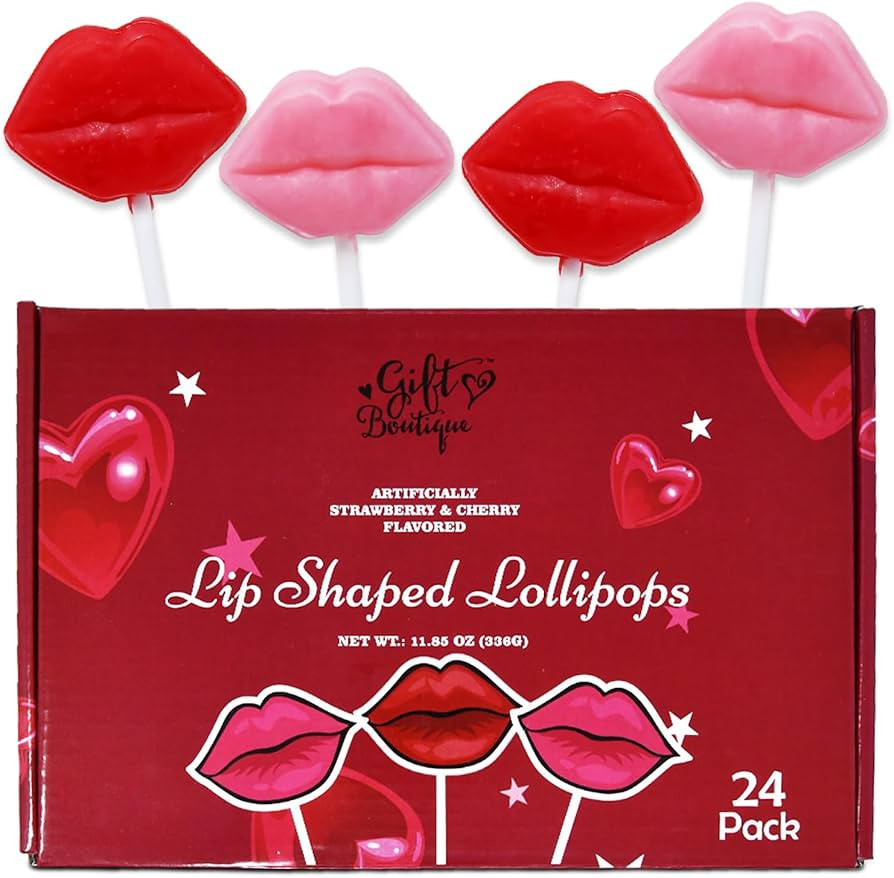 Gift Boutique Valentines 24 Pack Lip Shaped Lollipops Pink & Red Pucker Lips Lollipop Strawberry ... | Amazon (US)