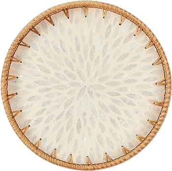 Round Rattan Tray with Mother of Pearl Inlay, Rattan Serving Tray with Wooden Base, Decorative Wi... | Amazon (US)