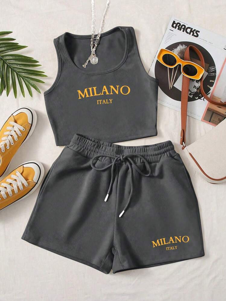 SHEIN EZwear Milano Letter Graphic Casual Fitted Vest And Drawstring Shorts 2 Pieces Set For Women, Suitable For Summer,Summer Sets Back To School | SHEIN