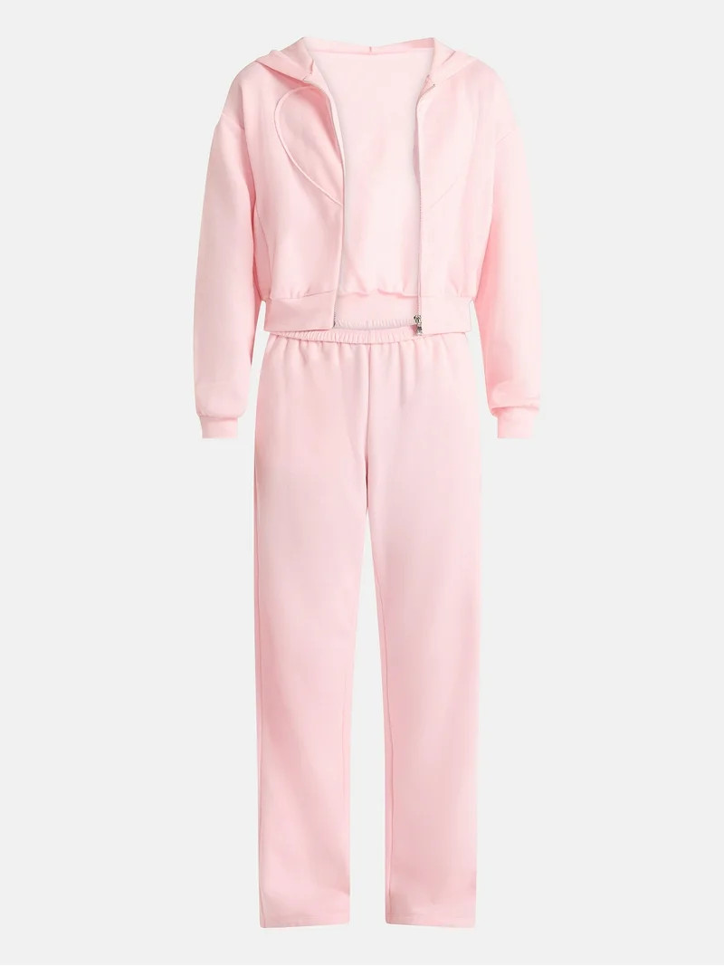 No Boundaries Embroidered Fleece Zip-Up Hoodie and Pants Set, 2-Piece, Women's | Walmart (US)