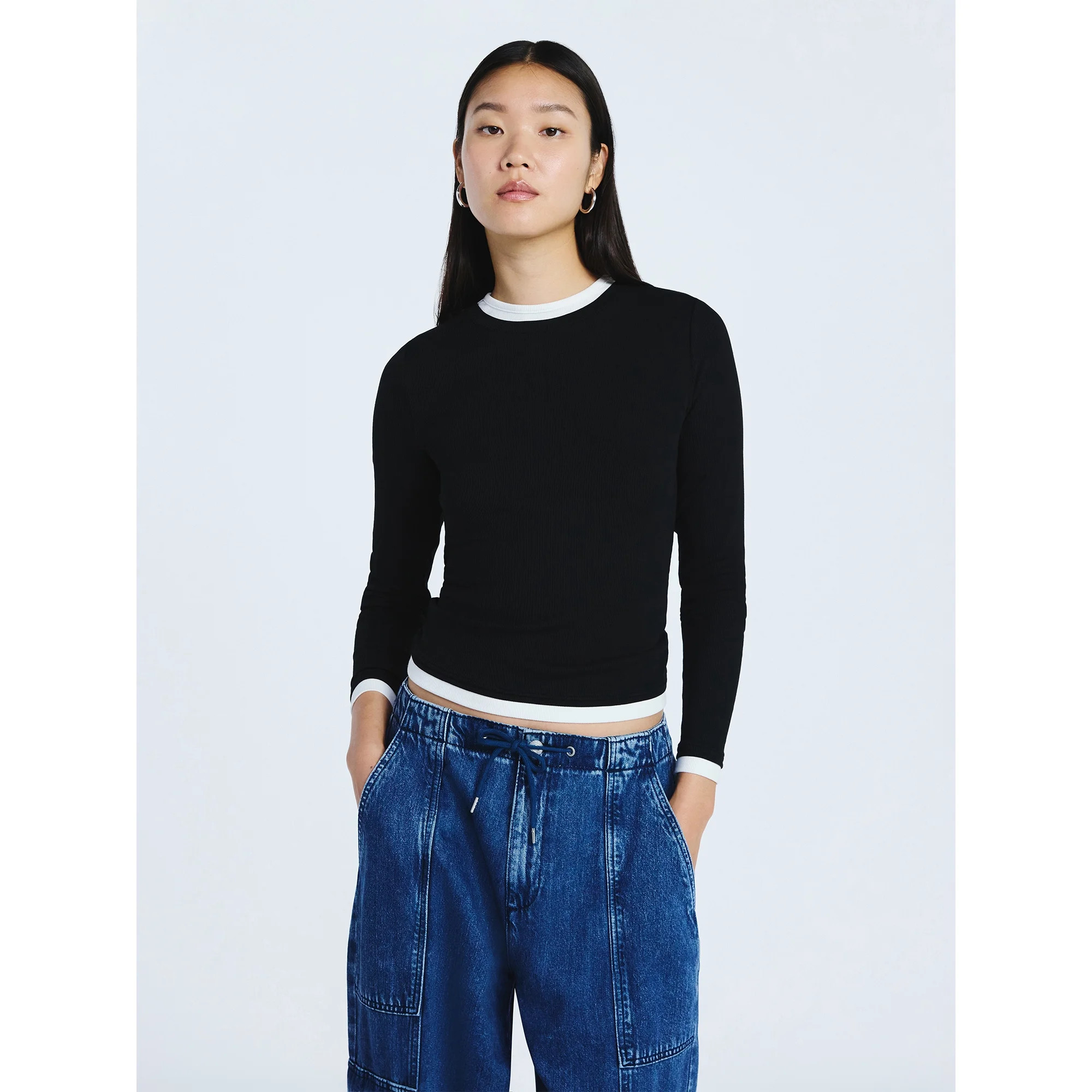 Scoop Women’s Double Layer Rib Tee with Long Sleeves, Sizes XS-XXL | Walmart (US)