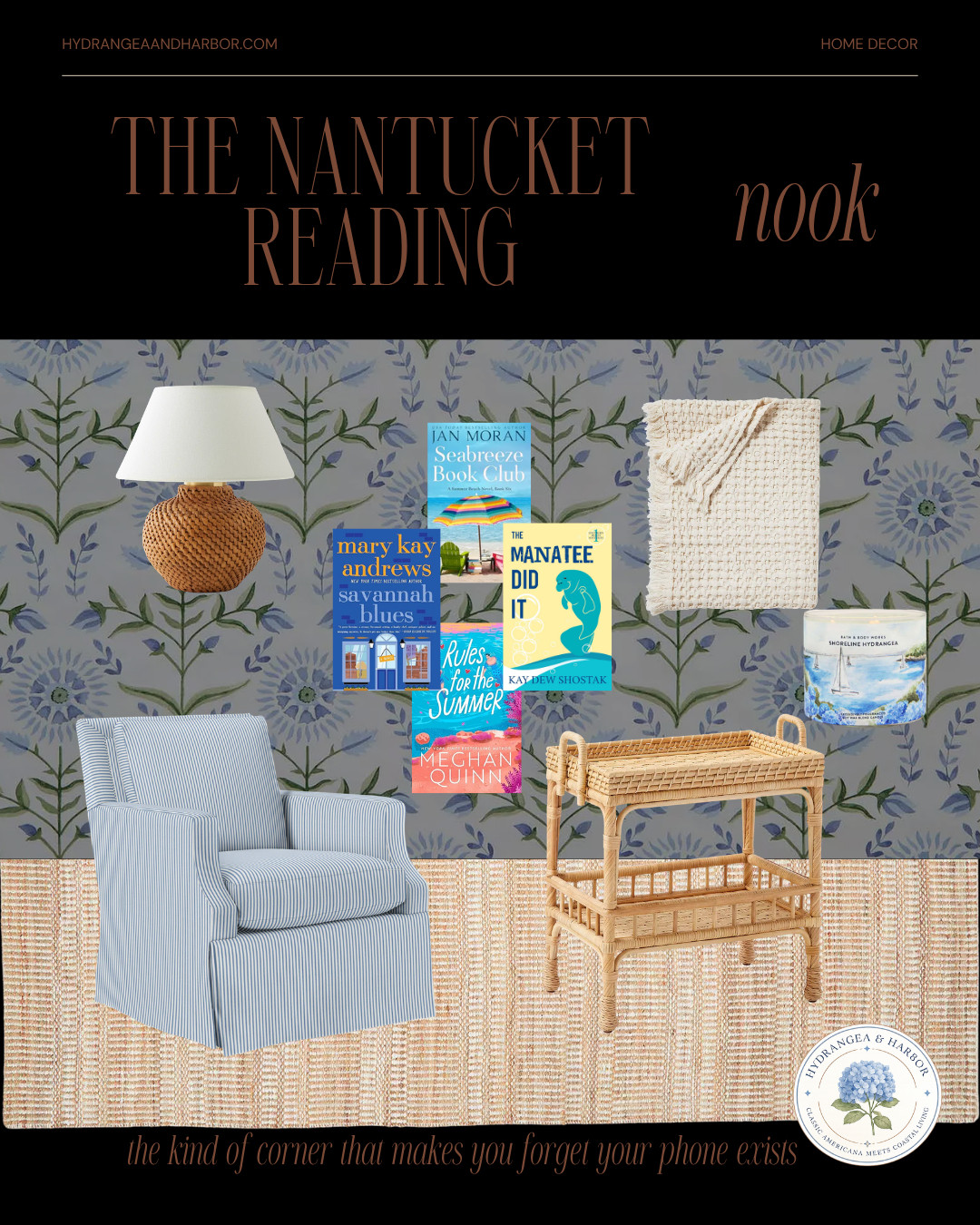 The Nantucket Reading Nook 📚💙

A comfortable chair.
A stack of summer books.
Fresh hydrangeas.
And a cozy throw waiting for a rainy afternoon.

The older I get, the more I appreciate having a quiet corner to slow down, unplug, and get lost in a good story.

No notifications.
No endless scrolling.
Just a beautiful space and a book you can't put down.

The kind of corner that reminds you life doesn't always have to move so fast.

#HydrangeaAndHarbor #ReadingNook #CoastalLiving #CoastalDecor #BlueAndWhiteDecor #SummerReading #SouthernStyle #CozyHome 

 