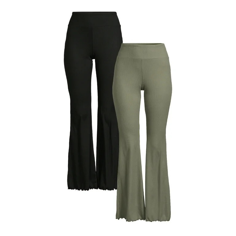 No Boundaries Juniors Ribbed Flare Pants with Lettuce Edge, 2-Pack, 32" Inseam; Sizes S-3XL | Walmart (US)
