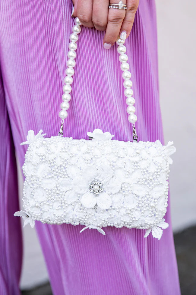Going To The Chapel White Beaded Floral Applique Purse | Pink Lily