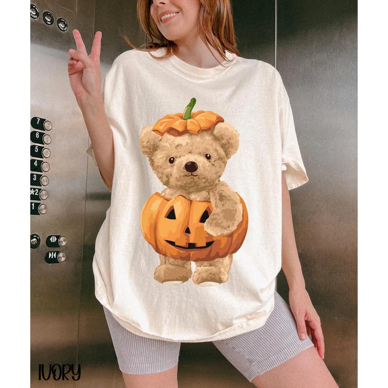 Halloween Teddy Bear Pumpkin Comfort Colors Shirt Aesthetic Trendy Retro Fall Oversized T-shirt B... | Etsy (US)