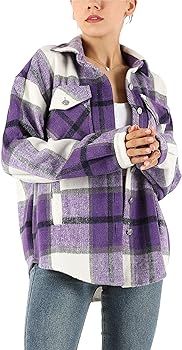 Tanming Womens Brushed Flannel Plaid Lapel Button Short Pocketed Shacket Shirts Coats | Amazon (US)