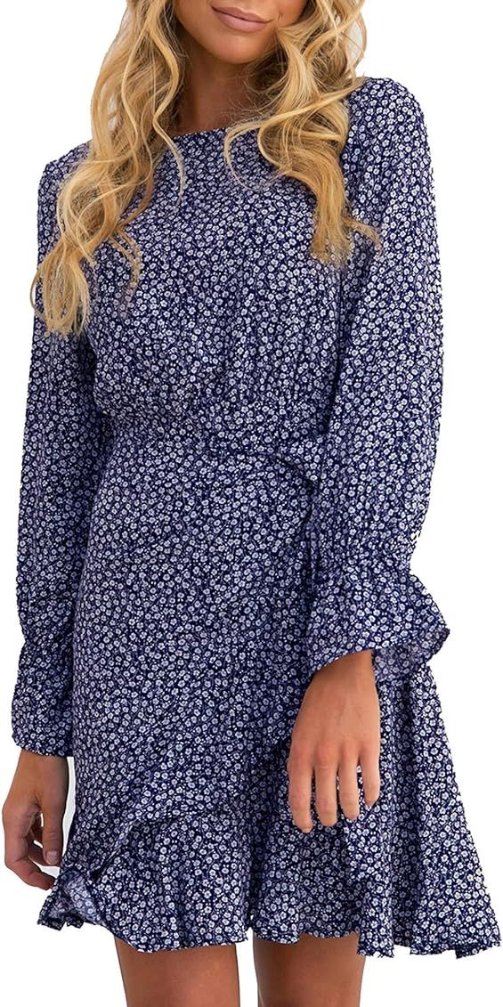 Relipop Women's Dress Polka Dot Floral Print Long Sleeve Crewneck Fishtail Ruffle Hem Short Mini Dre | Amazon (US)
