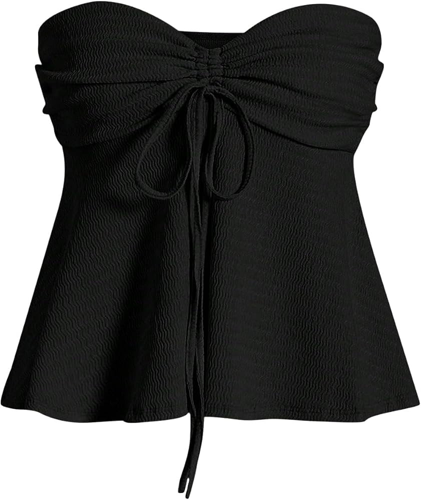 Milumia Women Tie Front Ruched Tube Top Strapless Flared Hem Peplum Bandeau Tops | Amazon (US)