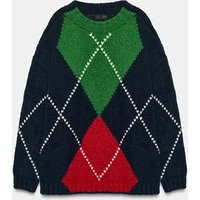Zara - Argyle Knit Oversized Jumper - Navy Blue - Xl - Woman | Zara US
