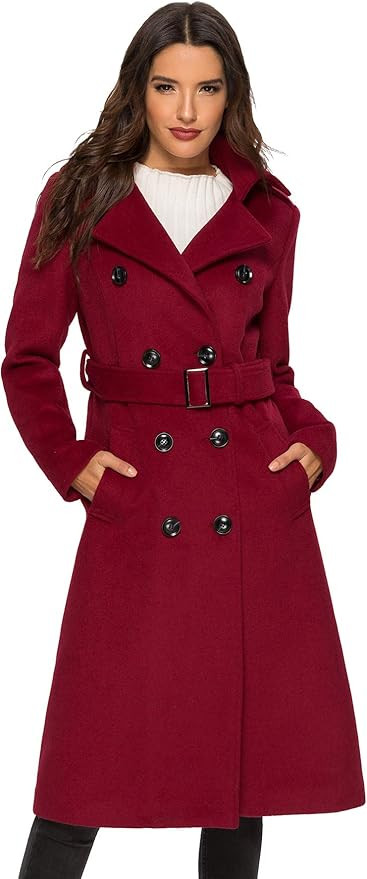 Escalier Womens Wool Coat Double Breasted Pea Coat Winter Long Trench Coat with Belt | Amazon (US)