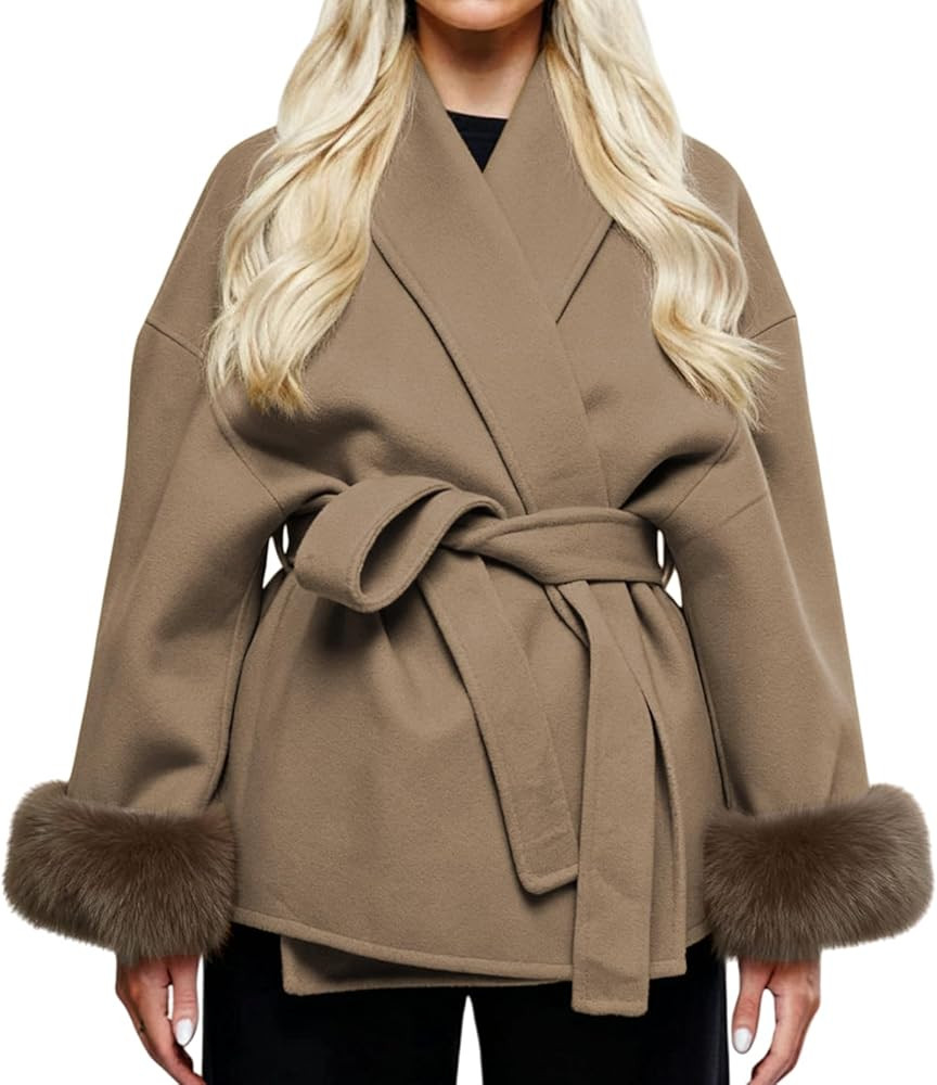 Wool Blend Pea Coats for Women Open Front Long Sleeve Coat Classic Lapel Overcoat Chic Cardigan w... | Amazon (US)