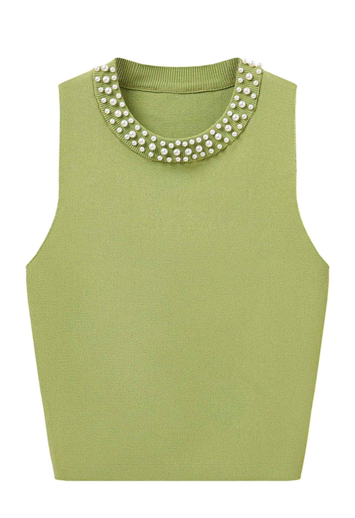 Pearly Neckline Knit Tank Top in Green | Chicwish