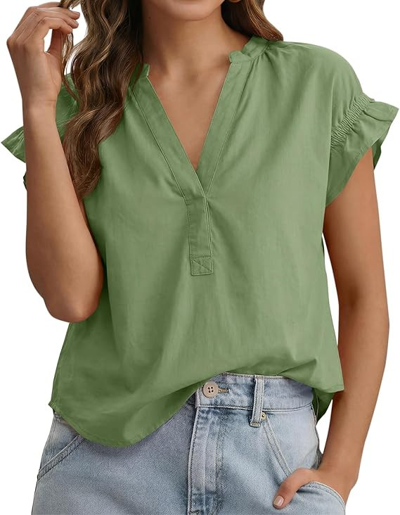 Tankaneo Womens Ruffle Cap Sleeve Tops Summer V Neck Cotton Blouse Dressy Casual Loose Fit Curved... | Amazon (US)