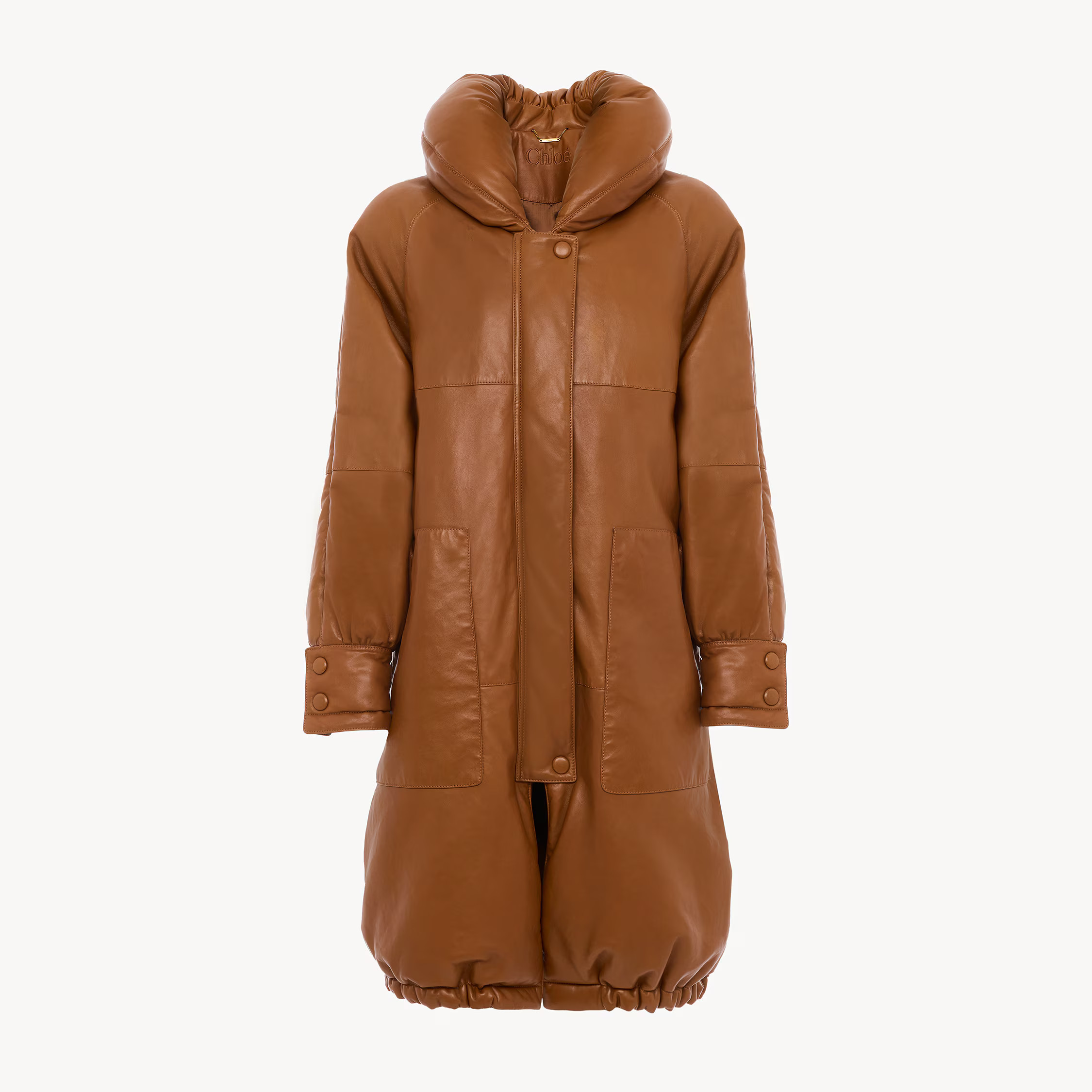 Chloé - Long puffer coat in leather - Mustard Brown - 42 - Domestic Lamb | Chloe US