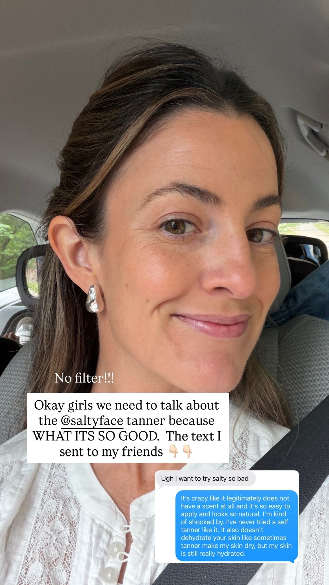 Okay girls we need to talk about the @saltyface tanner because WHAT ITS SO GOOD.  The text I sent to my friends 👇🏻👇🏻 No filter!!!

Wearing light medium 

#saltyface #selftanner #facetanner 

#LTKselfcare #LTKmomlife
