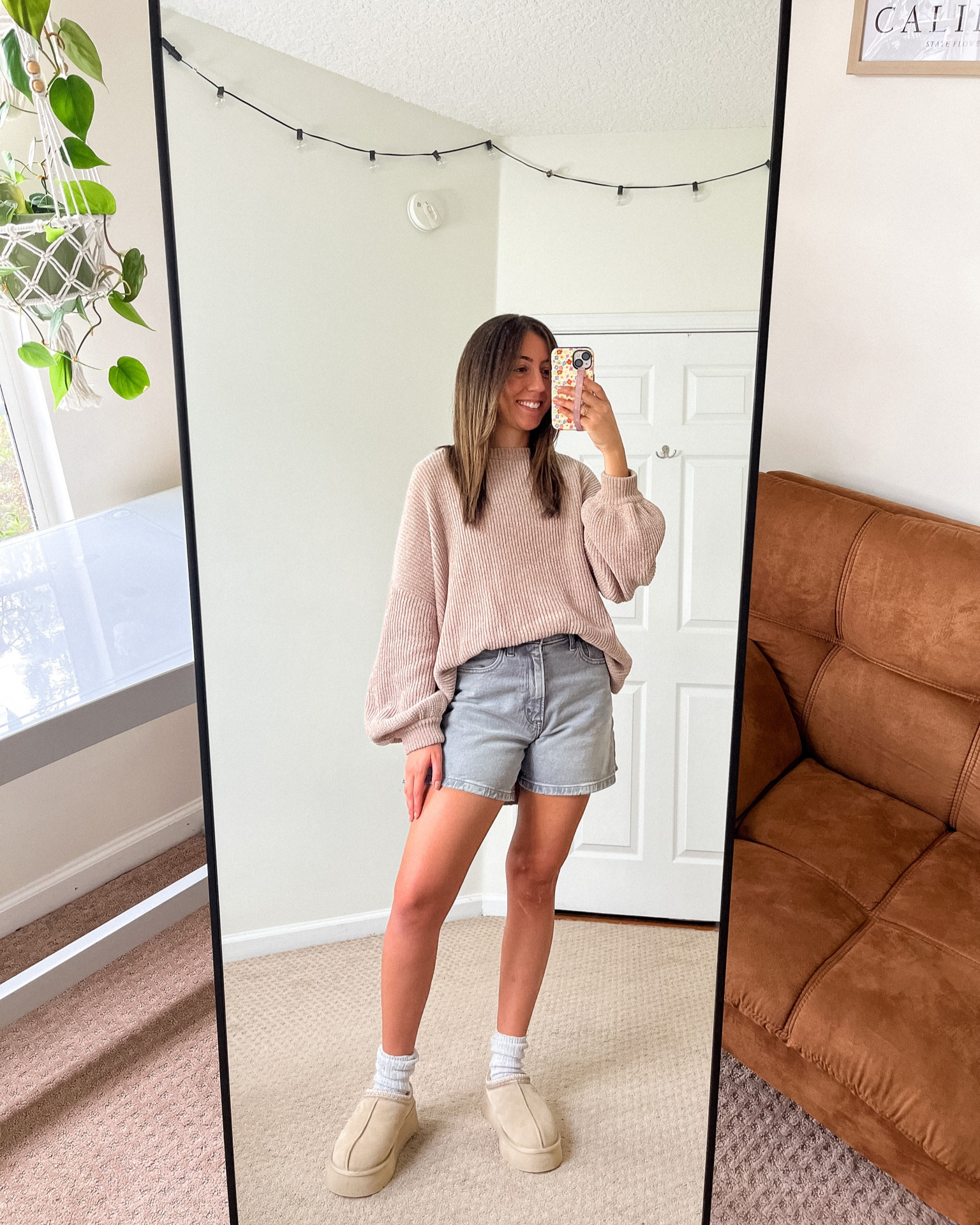 Fall Outfit Idea Inspo, Pumpkin Patch Outfit Idea, Fall Aesthetic, Chunky Oversized Sweater, Abercrombie Denim Shorts, Ugg Tazz Platform Slippers Mustard Seed

#LTKsalealert