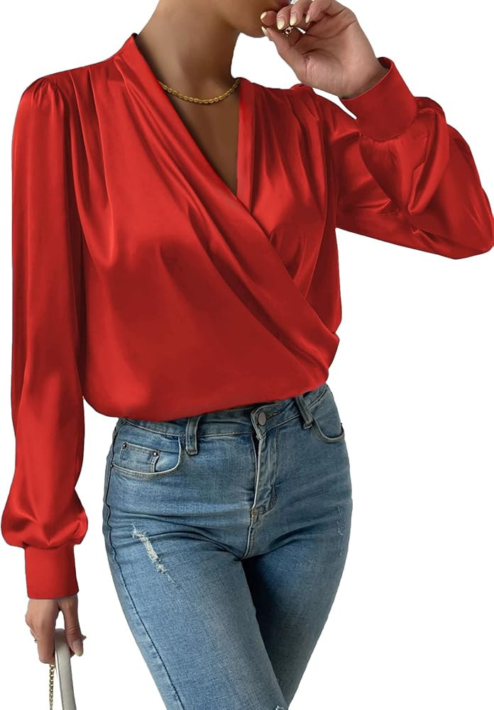 Vrtige Women's Satin Silky Draped Wrap V Neck Ruched Long Sleeve Blouse Shirt Top | Amazon (US)
