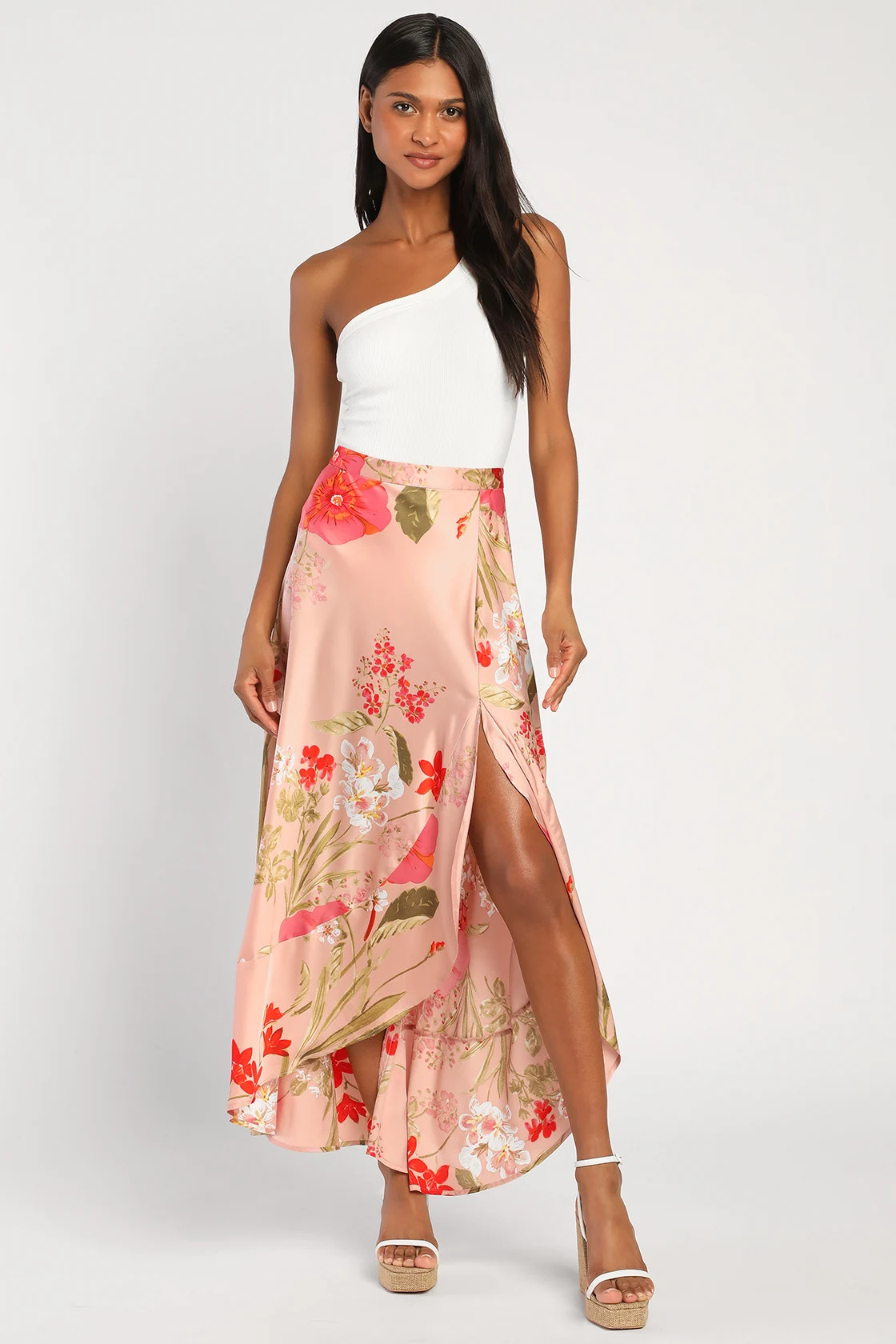 Superbly Stunning Light Mauve Floral Print Satin Maxi Skirt | Lulus (US)