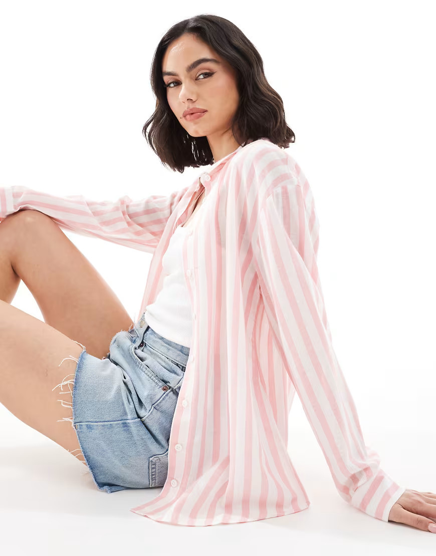 ASOS DESIGN linen blend shirt in pink stripe-Multi | ASOS (Global)