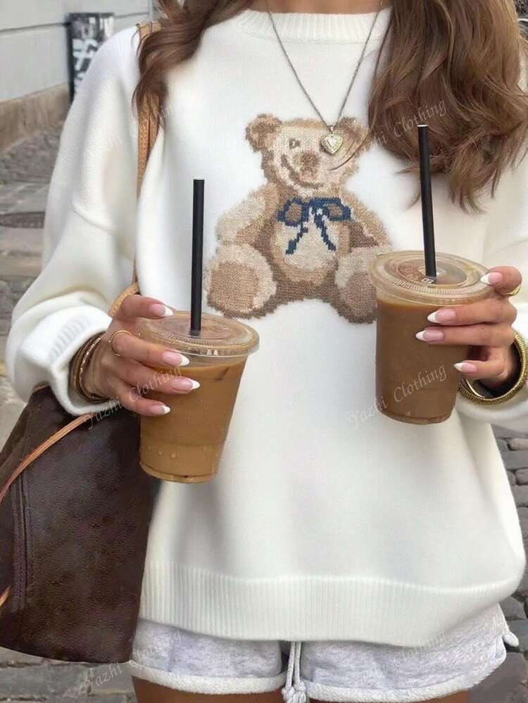 2025 Autumn/Winter New Fashion Casual Vintage Colorblock Cute Teddy Bear Graphic Knit Pullover Sweater, Women Animal Print Basic Tops, Going Out Tops, Fall Women Clothes, Korean Style, Modest Women, Party Women, Y2K Women, Tops For Going Out, Concert Women, Date Night Women | SHEIN