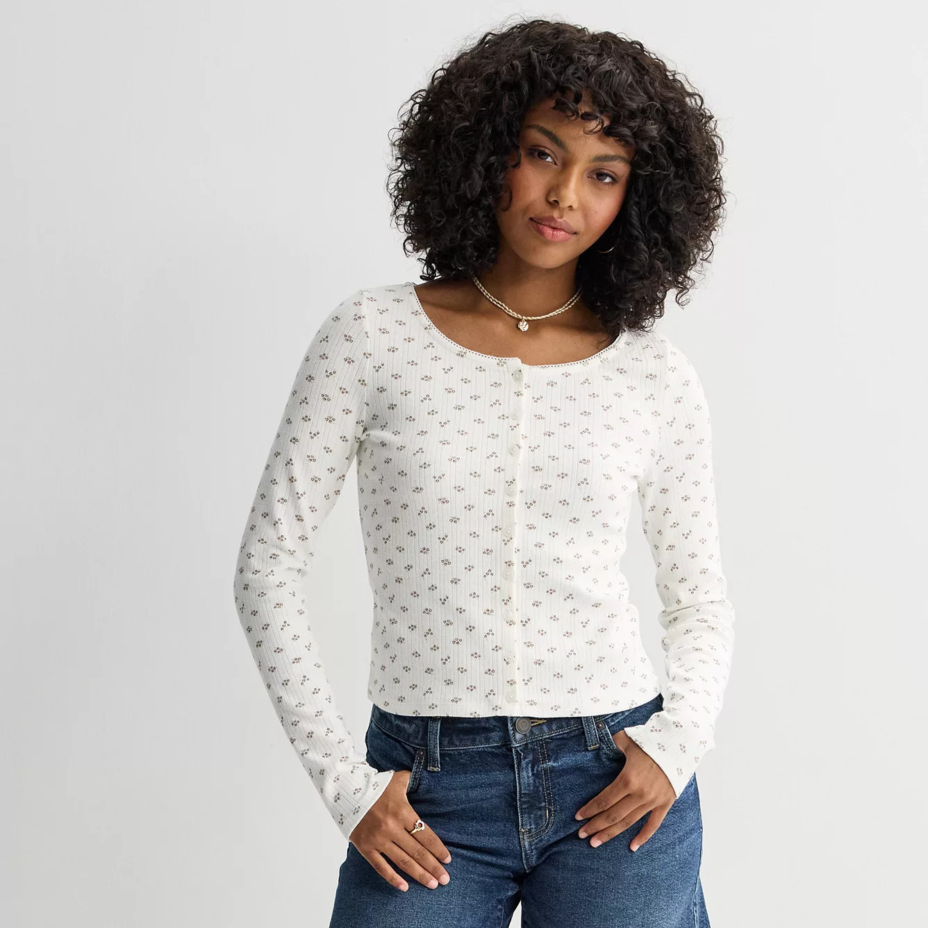 Juniors' SO\u00ae Button-Front Pointelle Long Sleeve Top | Kohl's