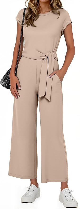 ANRABESS Women 2 Piece Outfits 2026 Summer Lounge Sets Cap Sleeve Tie Waisted Top Wide Leg Pant A... | Amazon (US)