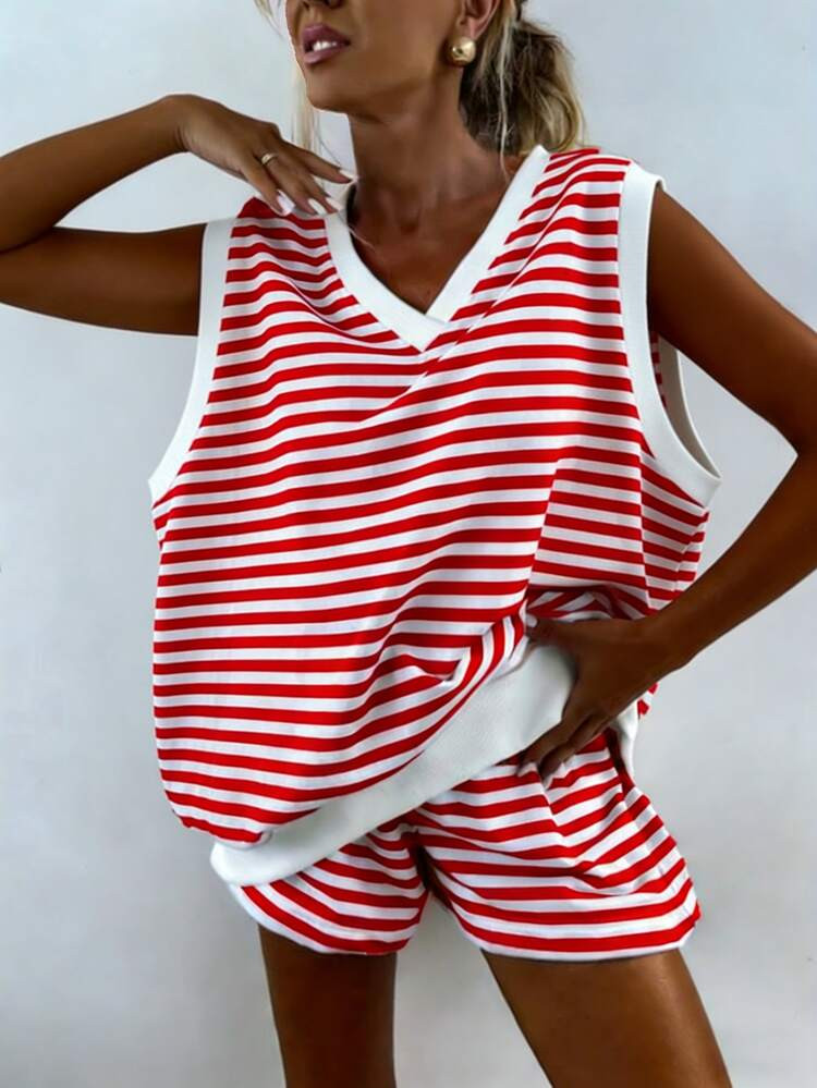 2pcs Women Summer Colorblock Striped Pajama Set, Sleeveless V-Neck Camisole + Shorts, Comfortable Casual Loungewear | SHEIN