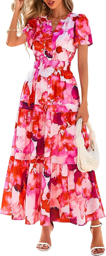 PRETTYGARDEN Women's 2026 Summer Boho Maxi Dresses Floral Short Sleeve V Neck A Line Tiered Flowy... | Amazon (US)