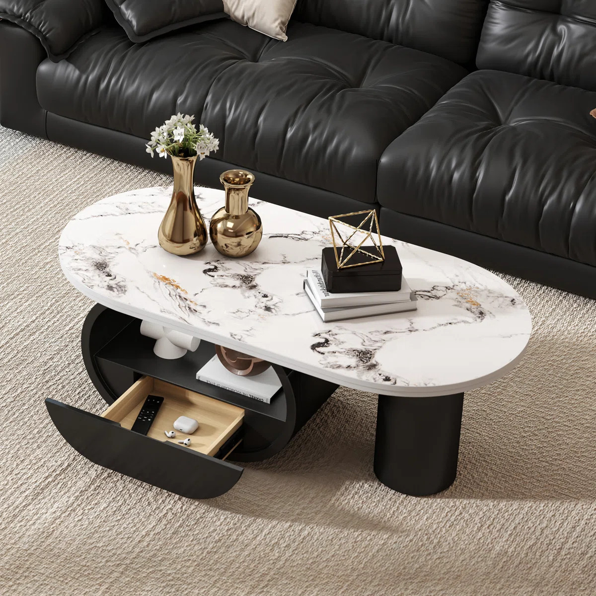 47.24" Oval Sintered Stone Coffee Table with Shelf and Drawer Storage, Large Luxury Unique Center... | Wayfair North America