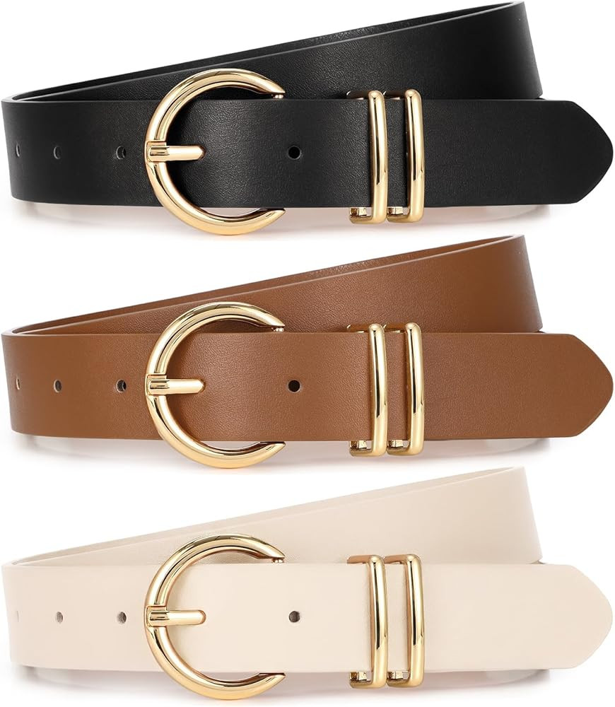 XZQTIVE 3 Pack Women Belts For Jeans Dresses Pants Ladies Leather Waist Belt with Gold Buckle | Amazon (US)