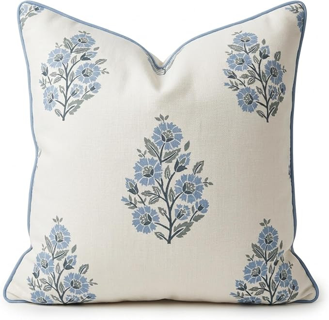 Jillien Harbor “The Camille” Floral Block Print Pillow Cover – Soft Blue and White Decorati... | Amazon (US)