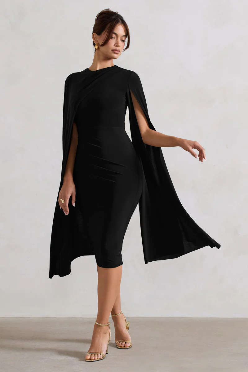 Marysol | Black Asymmetric Cape Midi Dress | Club L London